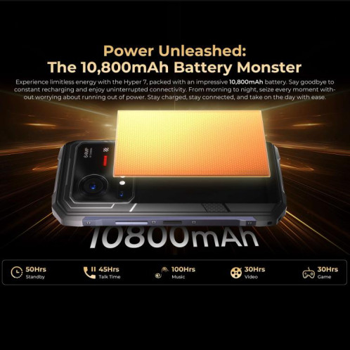  Téléphone robuste HOTWAV Hyper 7, 8 Go + 256 Go, 10 800 mAh, écran 6,6 pouces, Android 14, MediaTek Dimensity 7050 5G, réseau : 5G, OTG, NFC (jaune) SH256Y1179-025